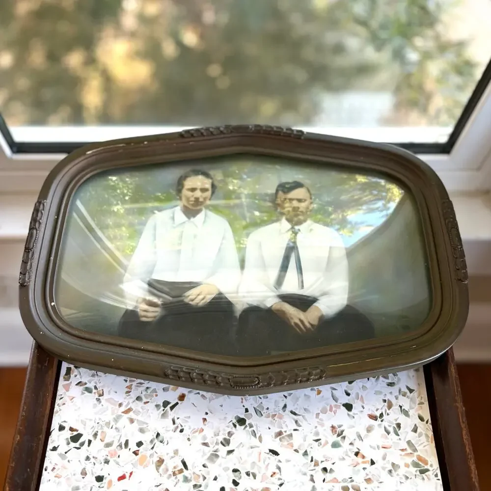 Vintage Convex Glass Portrait Frame Couple Photo Bubble Glass 16.75”